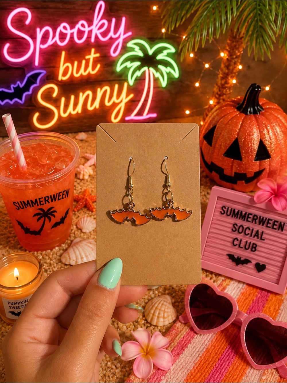 Summerween Orange Bat Earrings by